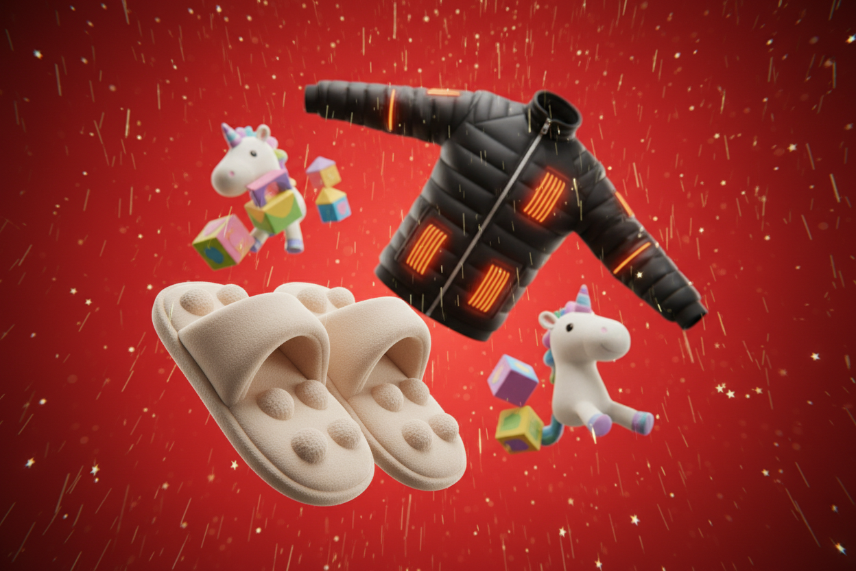 Generate a beer quality photo 10 by 1080 pixels quality. Make the photo look like a video where the product floating around product is such as soft slippers massaging slippers self-heat jacket and also things like toys I want the background to be red bright red with sparkles and small stars shiny coming down like rain.I want I want the products to be moving around to be more than around but the product should appear to be 3D to be zoomed towards the camera and show the quality even though doesn't show the b